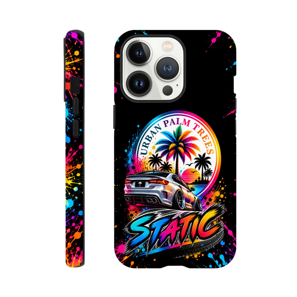 Static Slammed iPhone case with lowered silver car, "Urban Palm Trees" sunset graphic, and colorful paint splatter design.