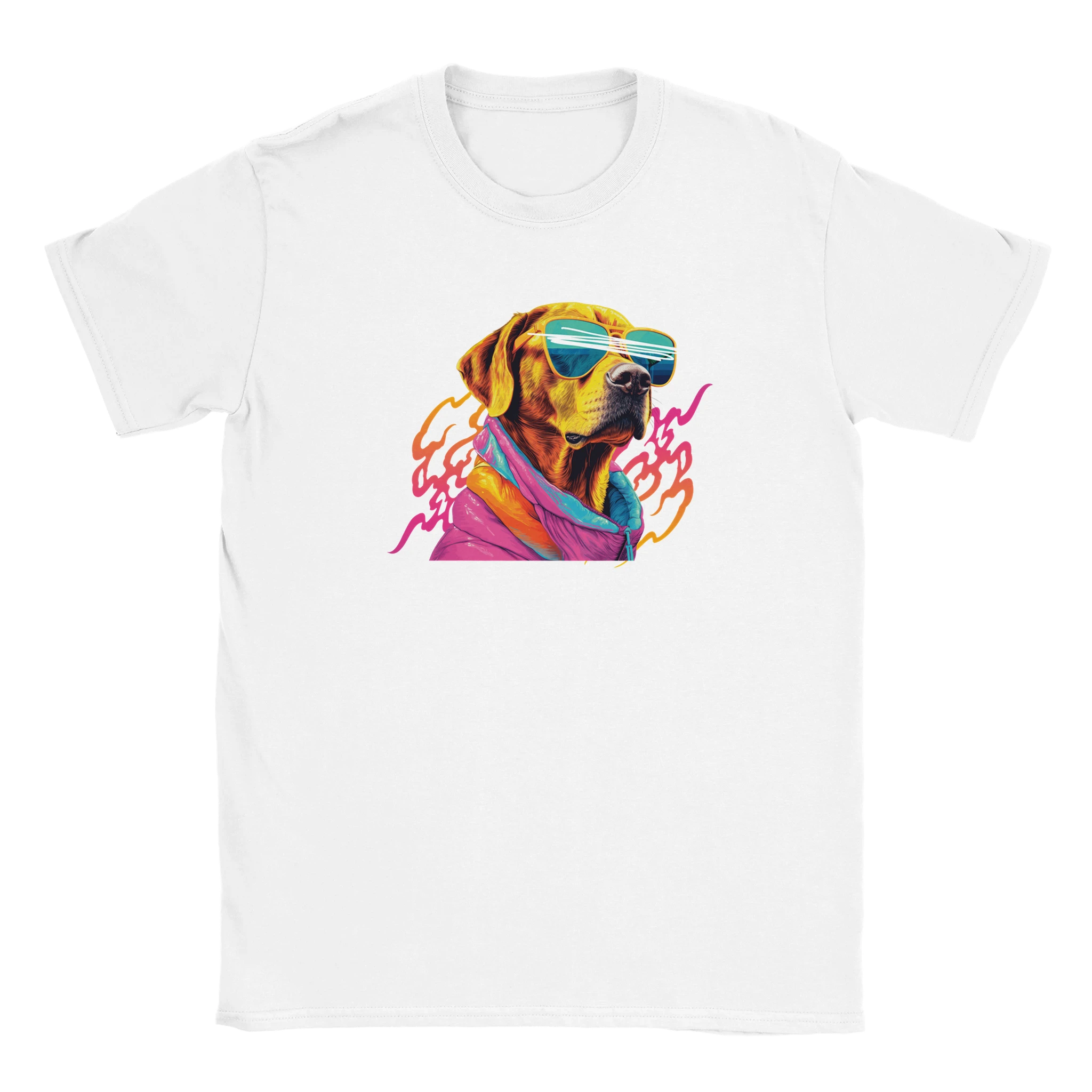 Bright colorful dog graphic with neon hoodie and blue sunglasses on a soft cotton men's T-shirt.
