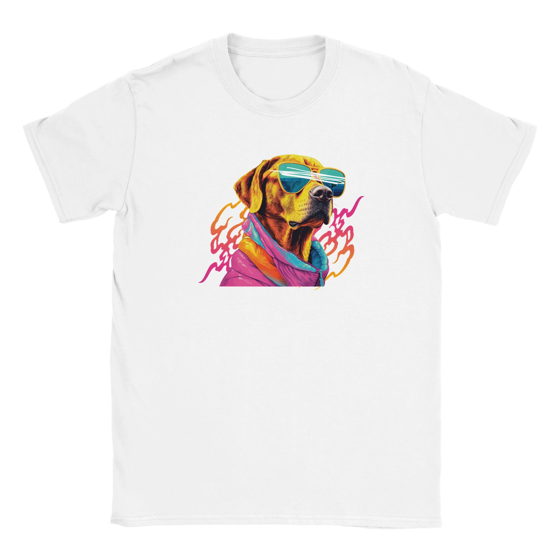 Bright colorful dog graphic with neon hoodie and blue sunglasses on a soft cotton men's T-shirt.