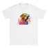 Bright colorful dog graphic with neon hoodie and blue sunglasses on a soft cotton men's T-shirt.