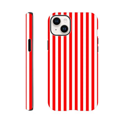 Retro red and white vertical striped tough iPhone case with wraparound design and rugged edge protection.