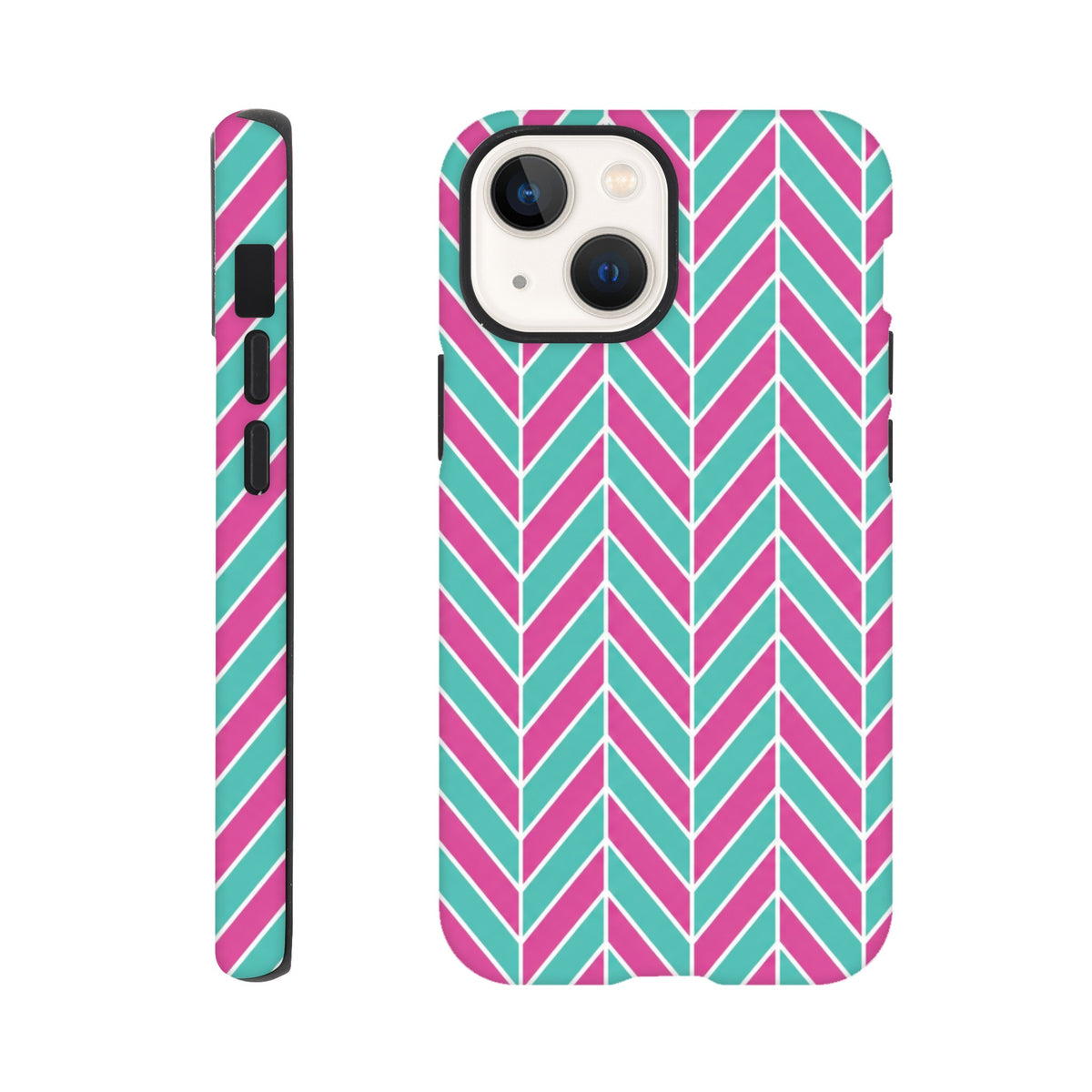 Pink and turquoise herringbone iPhone case featuring a bold geometric chevron pattern and tough protective sides.
