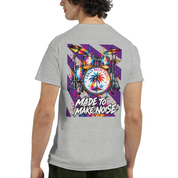 Gray t-shirt back print featuring a colorful retro drum kit with splatter art, palm tree logo, and "Made To Make Noise" text.