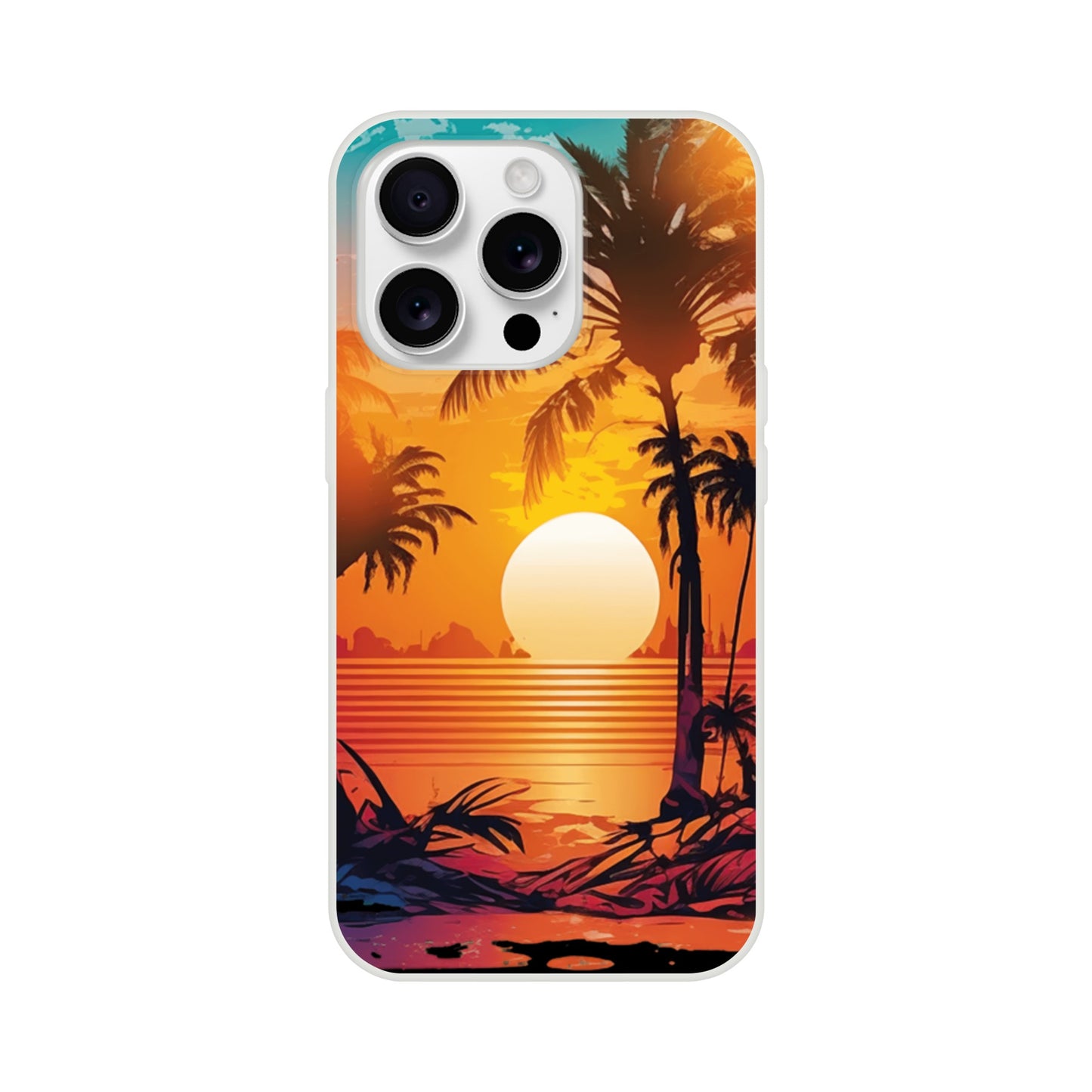 iPhone case with a sunset and palm tree design on a white background 11