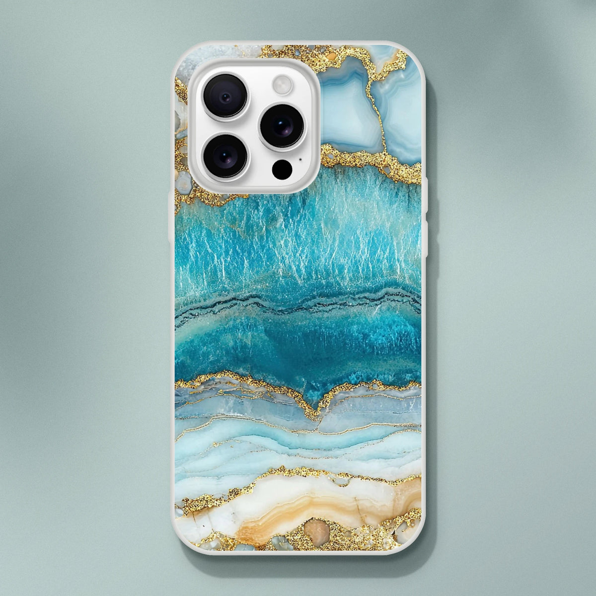 Blue & Gold Marble iPhone Case (13-16) with luxury ocean agate phone cover, slim profile, shock-absorbing protection.