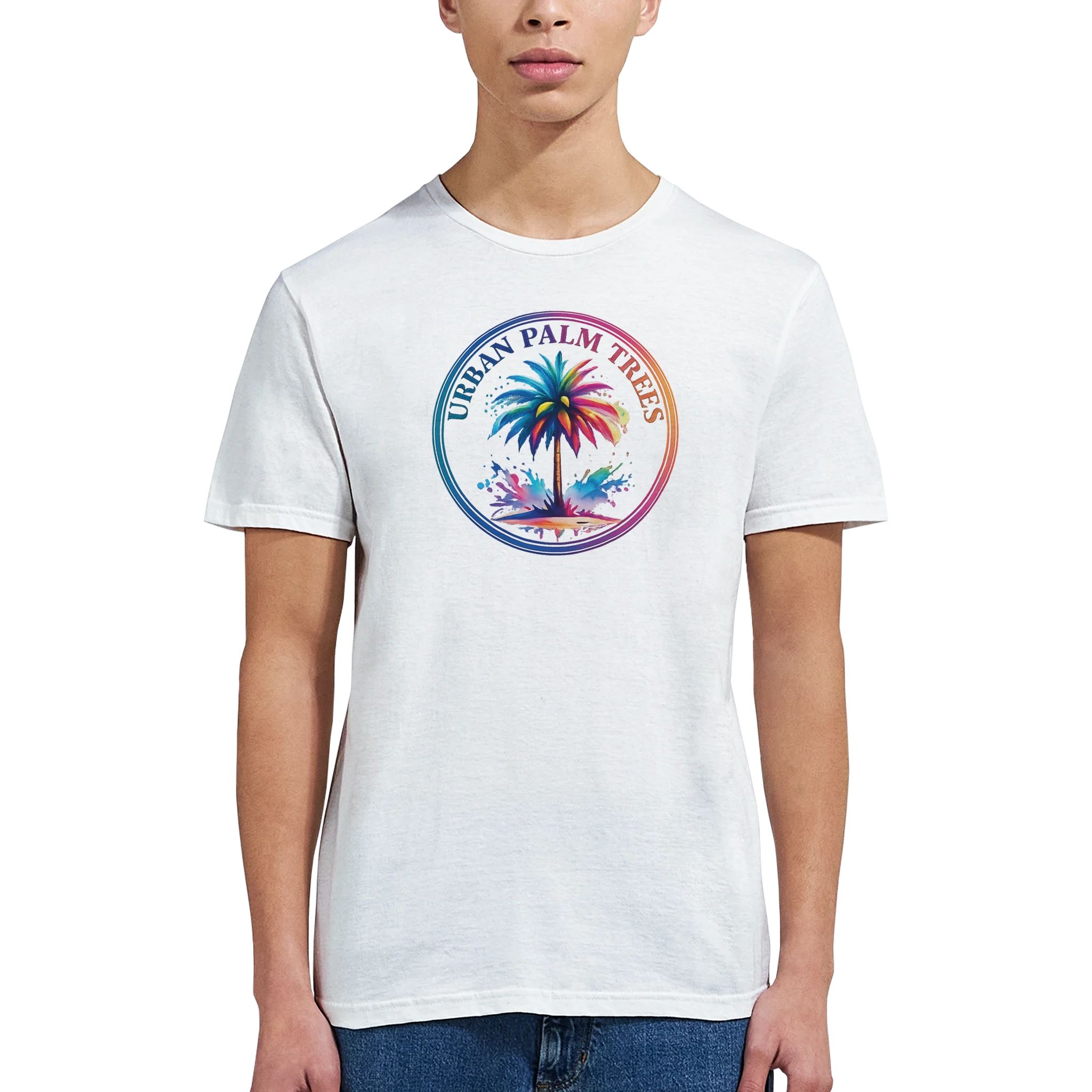 Men's white T-shirt with a vibrant circular palm tree graphic in retro Y2K streetwear style.