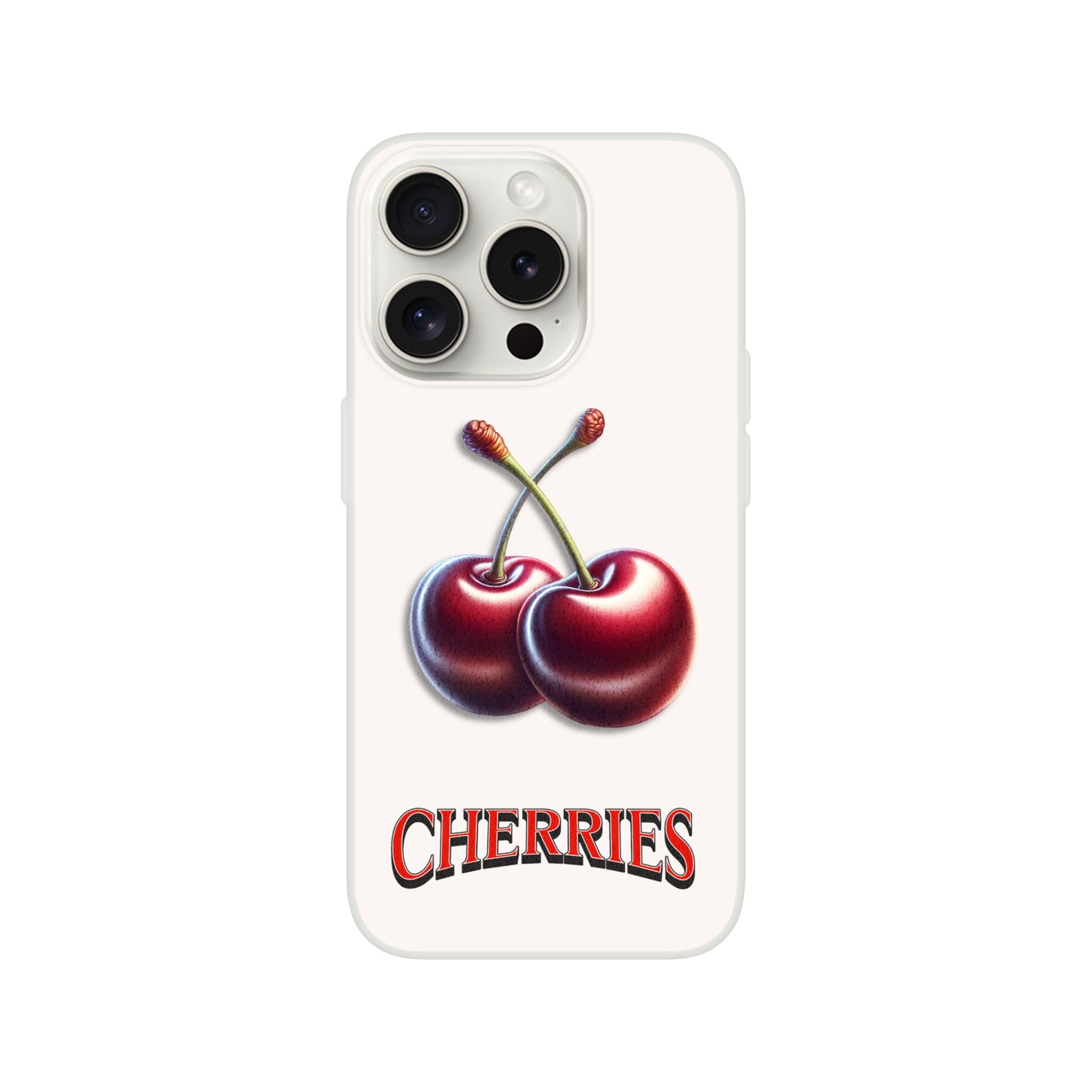 Cherry iPhone case with twin cherries and CHERRIES text; slim protective cover for iPhone 16, 15, 14, 13 Pro models.