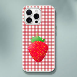 Cute Strawberry Gingham iPhone Case (13-16), pink aesthetic slim matte shell with strawberry gingham print