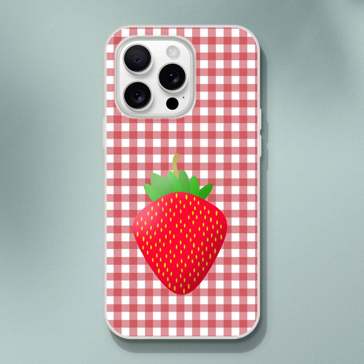 Cute Strawberry Gingham iPhone Case (13-16), pink aesthetic slim matte shell with strawberry gingham print