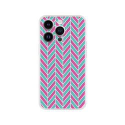 Pink and turquoise herringbone iPhone case with geometric chevron pattern, matte finish, and impact-shielding TPU for models 13-16.