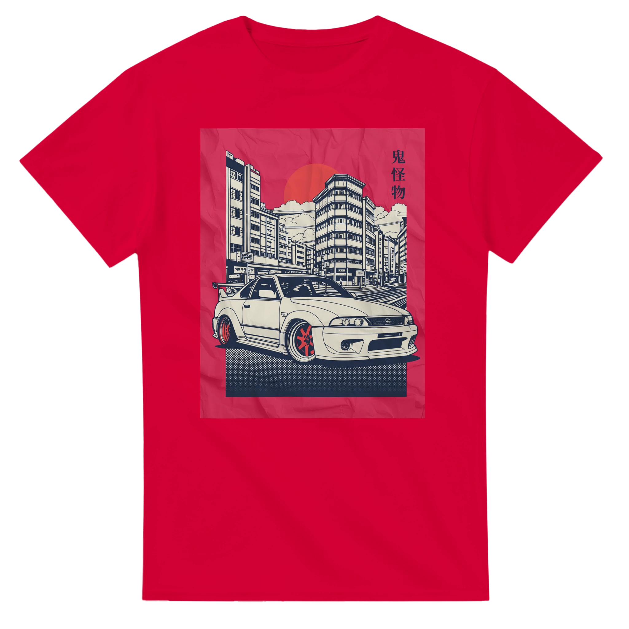 Red Car T Shirt with JDM graphic: white sports car, city skyline, orange sun, kanji on pink panel.