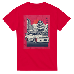 Red Car T Shirt with JDM graphic: white sports car, city skyline, orange sun, kanji on pink panel.