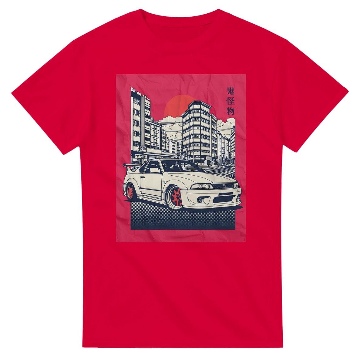 Red Car T Shirt with JDM graphic: white sports car, city skyline, orange sun, kanji on pink panel.