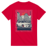 Red Car T Shirt with JDM graphic: white sports car, city skyline, orange sun, kanji on pink panel.