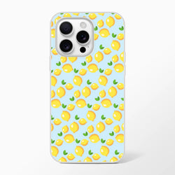 Blue iPhone case (13-16) with a cute mini lemon pattern on a light blue background.