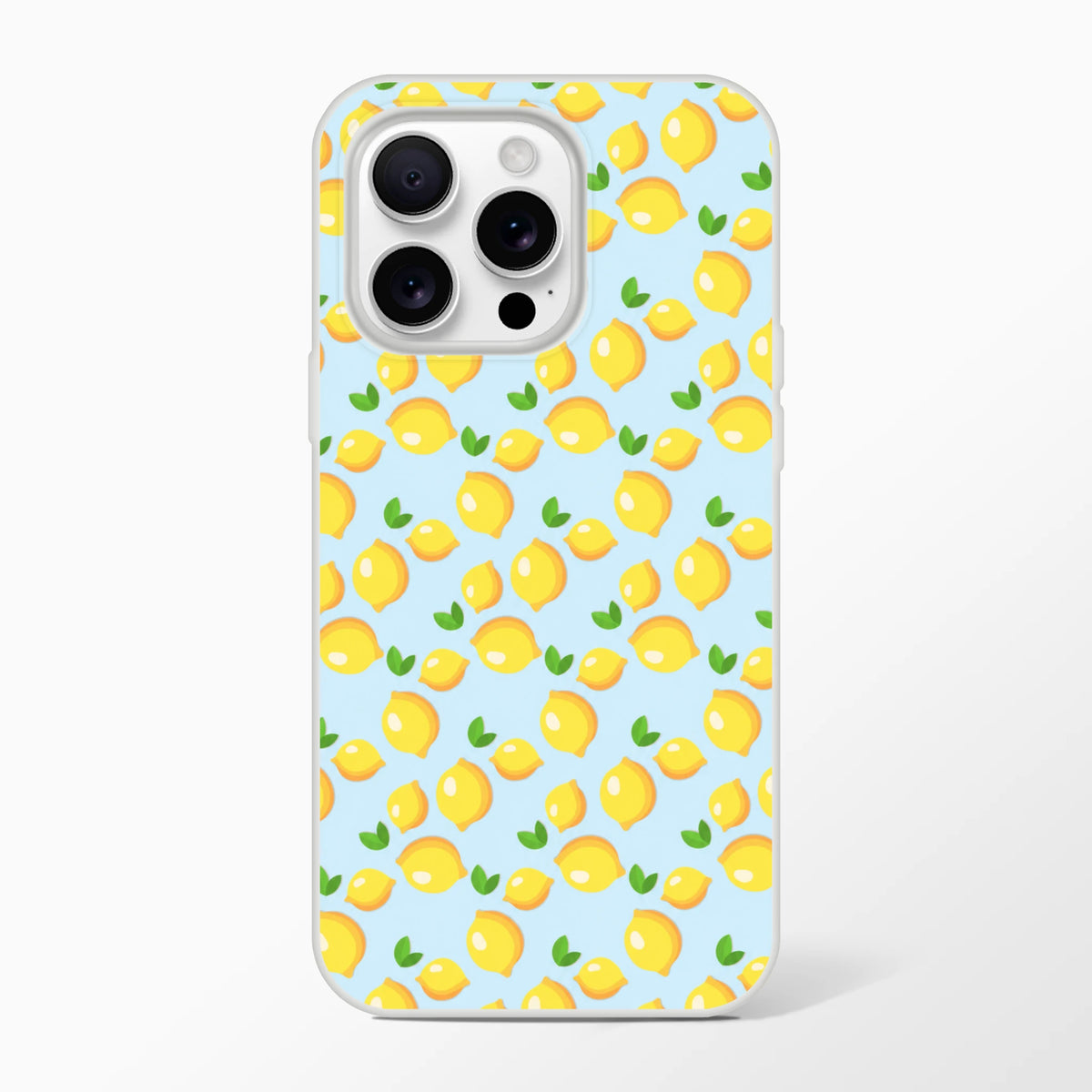 Blue iPhone case (13-16) with a cute mini lemon pattern on a light blue background.