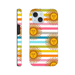Retro sun stripe iPhone case with celestial sun faces over colorful horizontal stripes. Tough phone cover with wraparound design.