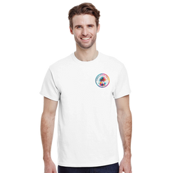 Man wearing white crew neck t-shirt featuring colorful circular Urban Palm Trees graphic on the chest.