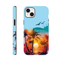 Tropical sunset palm tree iPhone case featuring bold coastal colors, ocean waves, and flying birds for drop-resistant beach style protection.