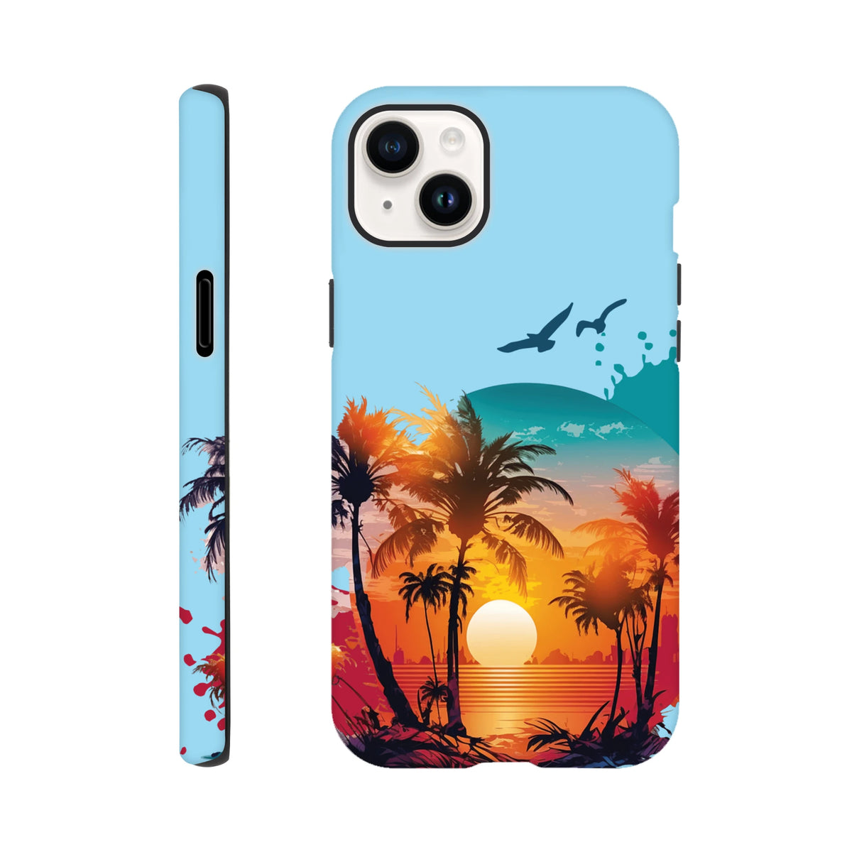 Tropical sunset palm tree iPhone case featuring bold coastal colors, ocean waves, and flying birds for drop-resistant beach style protection.