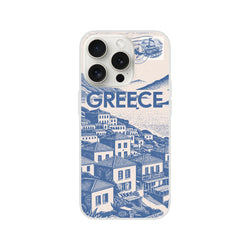 Vintage Greece postcard iPhone case with blue illustration of townscape and ships on beige background.
