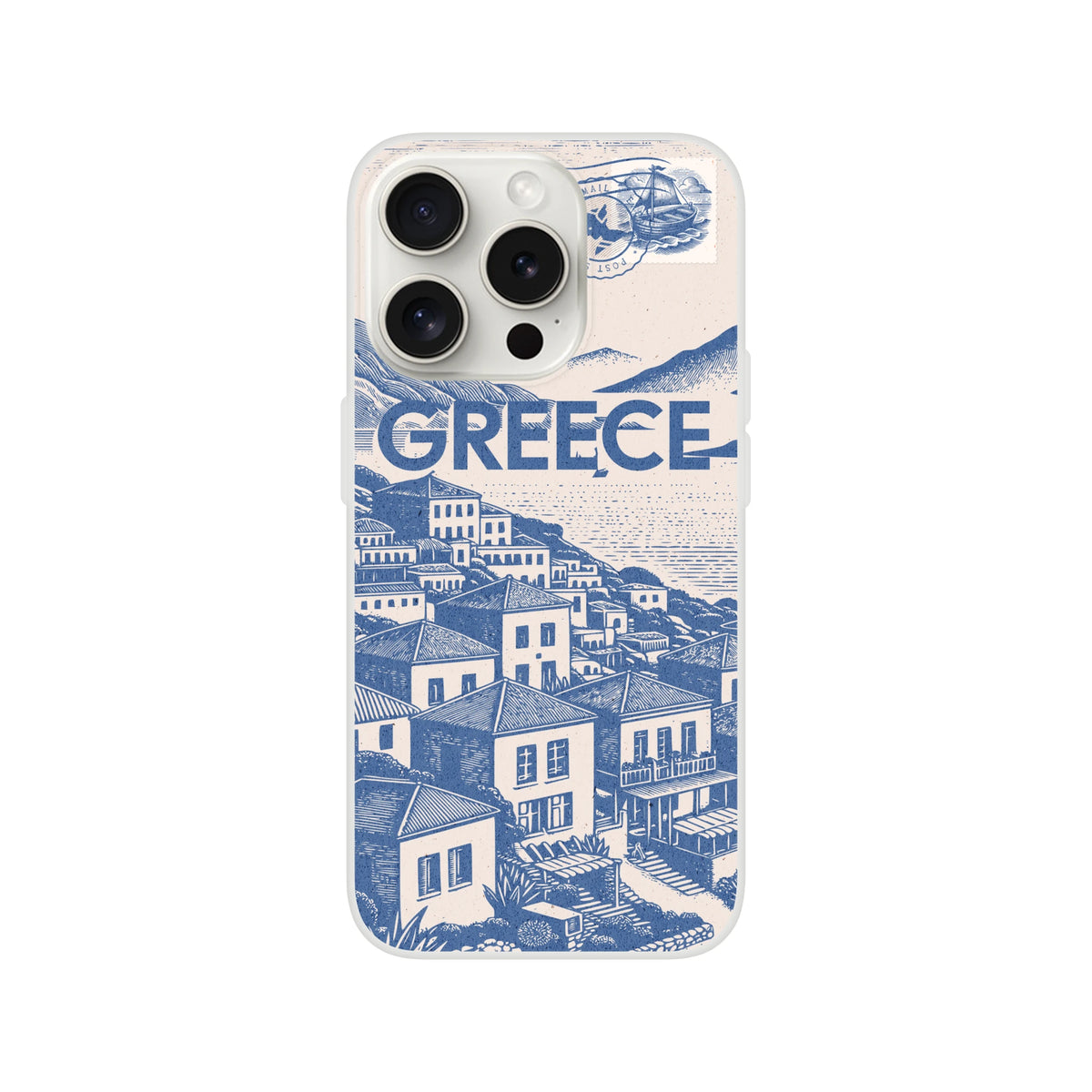 Vintage Greece postcard iPhone case with blue illustration of townscape and ships on beige background.