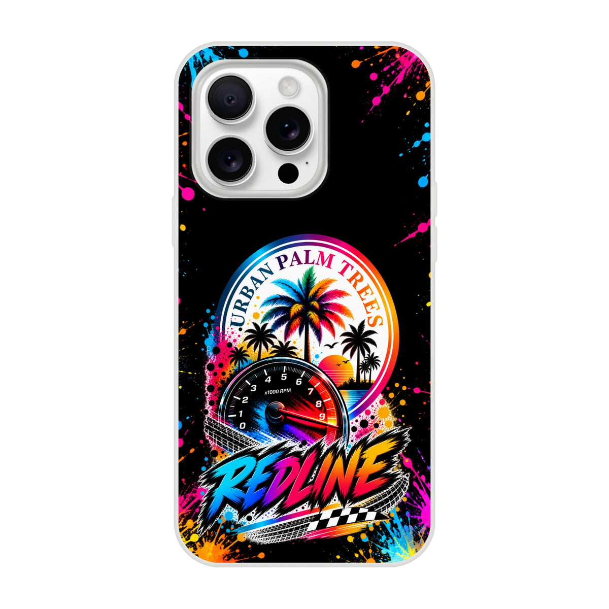 Vibrant Redline car culture iPhone case featuring a tachometer, palm trees, and colorful paint splatters on a black background.