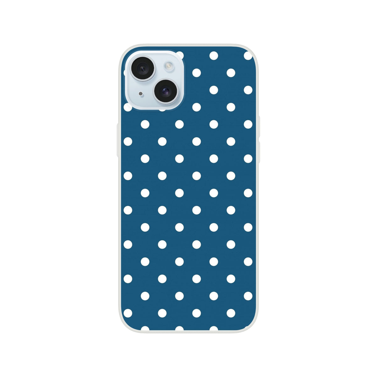 Retro navy blue phone case with white polka dots. Matte TPU cover offering shock absorption and protection for iPhone 13-16.