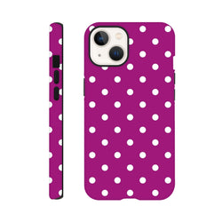 Purple and white polka dot tough iPhone case with shock absorbing TPU protection for iPhone 13-16.