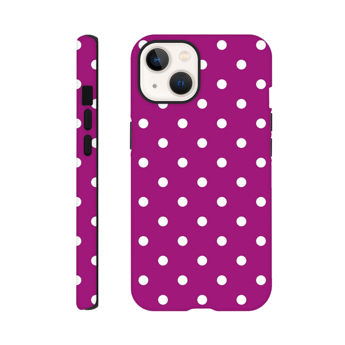 Purple and white polka dot tough iPhone case with shock absorbing TPU protection for iPhone 13-16.