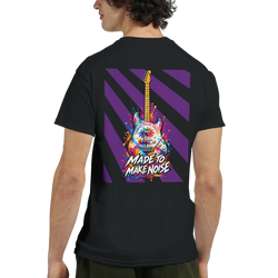 Black men's tee featuring a colorful electric guitar back print with purple stripes and "Made to Make Noise" graphic text.