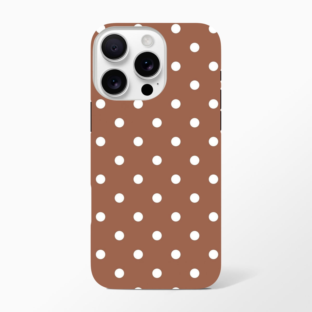 Retro brown and white polka dot tough iPhone case. Shock-absorbing TPU phone cover for iPhone 13-16 Pro Max.