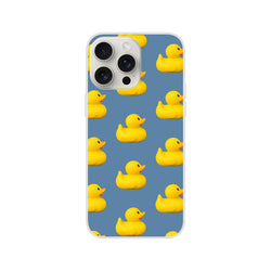 Blue matte iPhone case for iPhone 13–16 with a repeating yellow rubber duck print.
