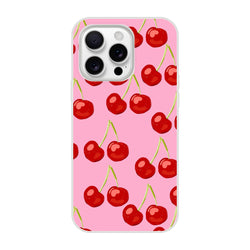 Pink cherry-pattern iPhone case for 13-16 with slim matte shell and triple-camera cutout