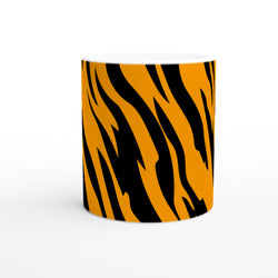 Orange & Black Tiger Print Mug with bold animal stripes, ideal for coffee or tea.