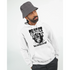 Male model wearing white Trance Gorilla graphic hoodie with headphones, bold streetwear look.