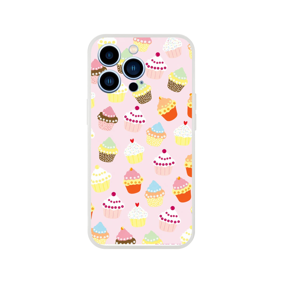 Pastel pink iPhone case with a playful cupcake pattern for iPhone 13-16.