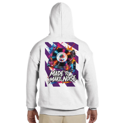 White hoodie back with colorful retro turntable graphic and "Made To Make Noise" text for music lovers.