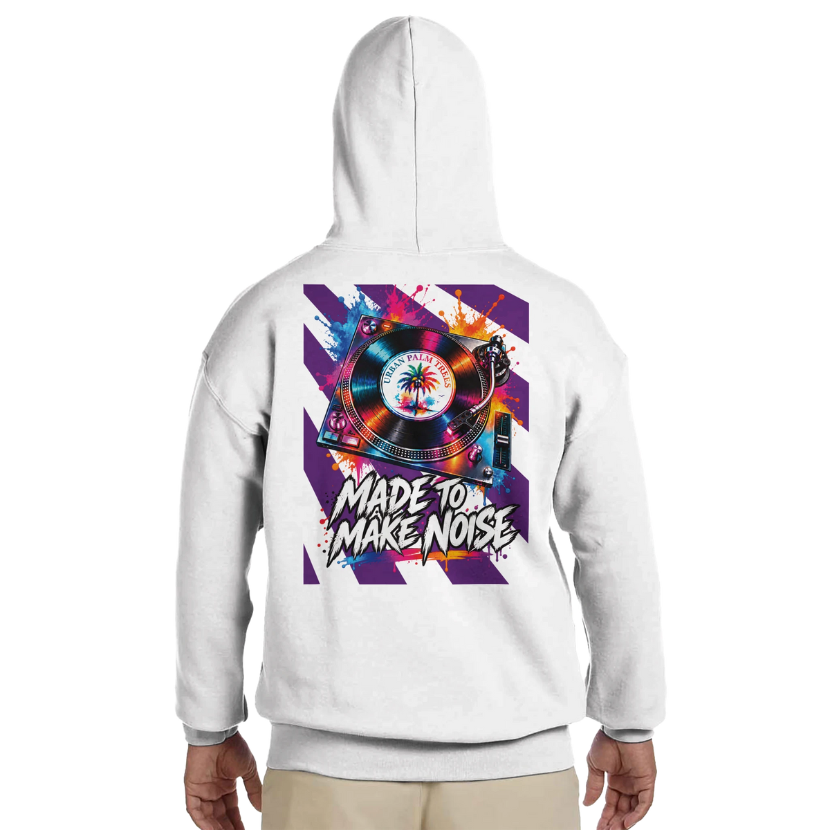 White hoodie back with colorful retro turntable graphic and "Made To Make Noise" text for music lovers.