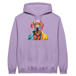 Lavender hoodie with a colorful pop-art dog wearing yellow glasses graphic.