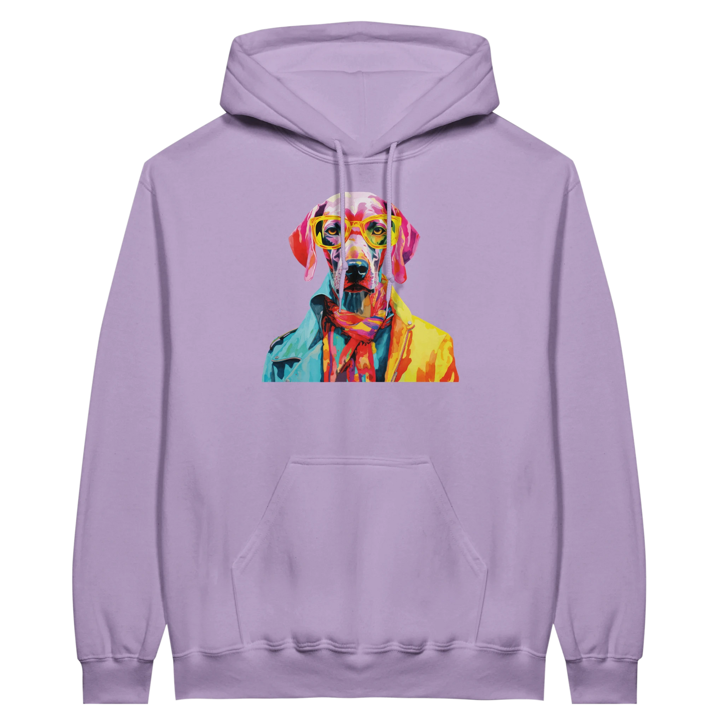 Lavender hoodie with a colorful pop-art dog wearing yellow glasses graphic.