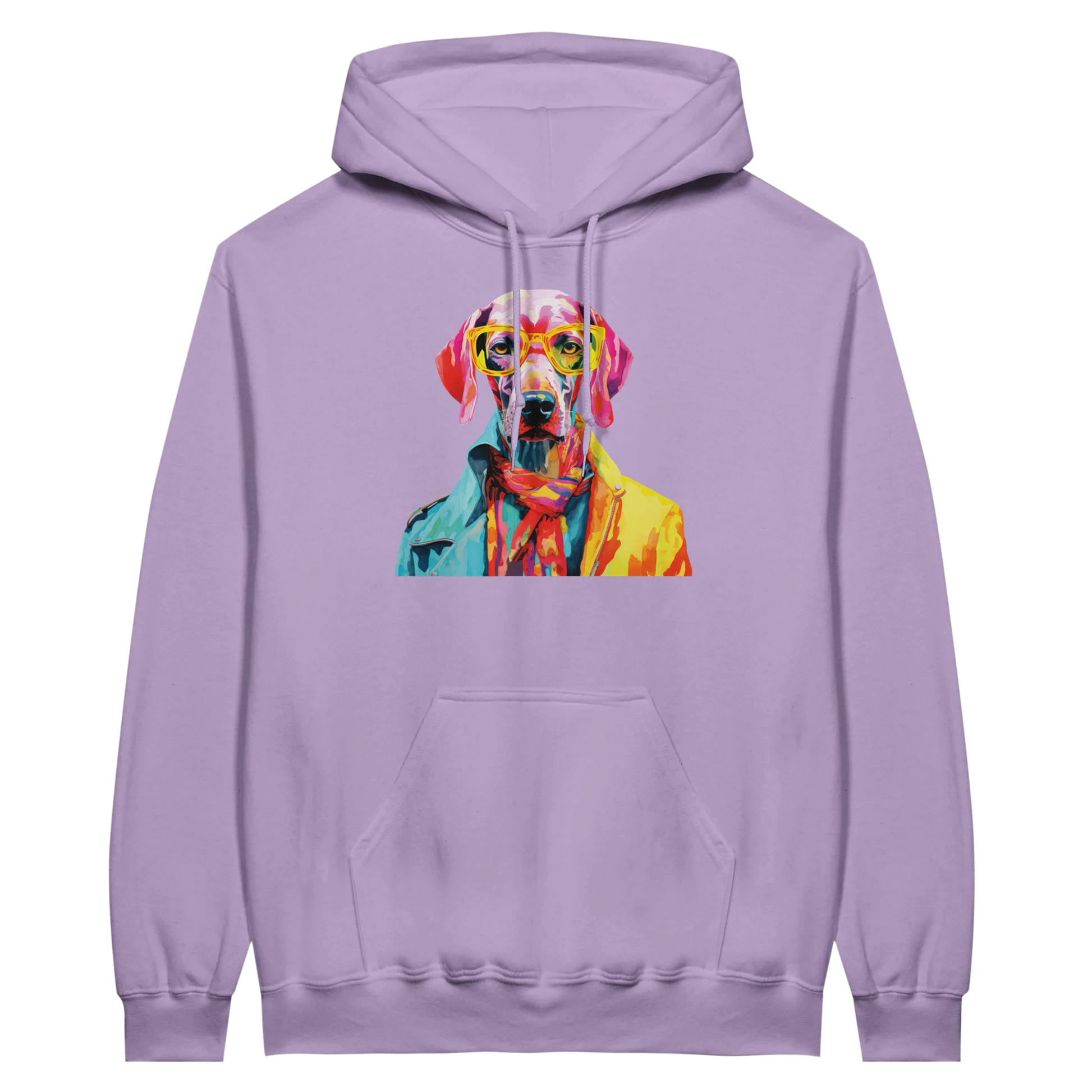 Lavender hoodie with a colorful pop-art dog wearing yellow glasses graphic.