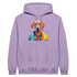 Lavender hoodie with a colorful pop-art dog wearing yellow glasses graphic.