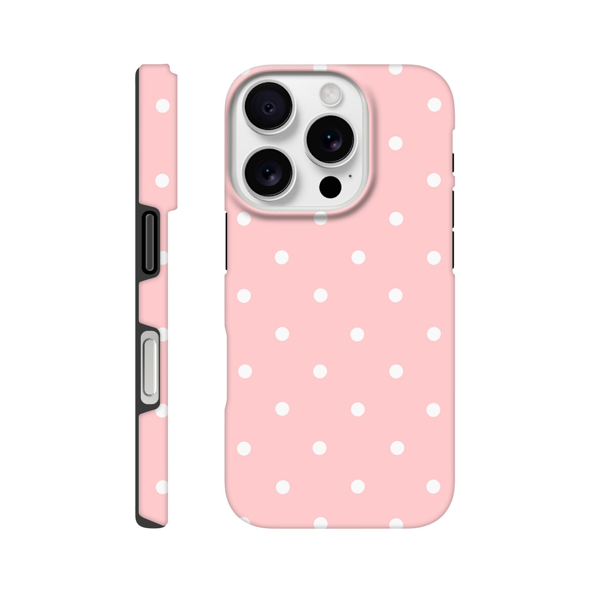 Pastel pink and white polka dot tough iPhone case with dual-layer shock-absorbing TPU frame for drop protection.