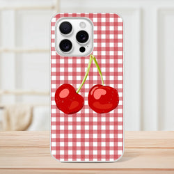 Cute Cherry Gingham iPhone Case (13-16) Coquette aesthetic with red gingham pattern and cherries.