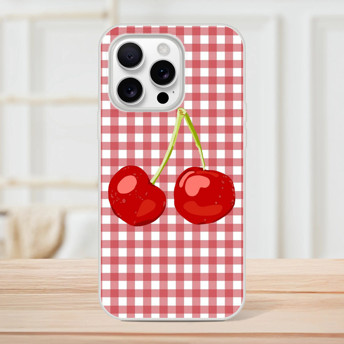Cute Cherry Gingham iPhone Case (13-16) Coquette aesthetic with red gingham pattern and cherries.