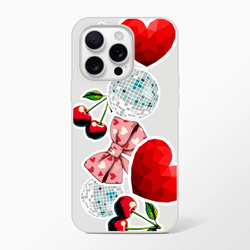 Y2K iPhone case featuring sticker-style red hearts, glossy cherries, pink bow, and disco balls on a transparent shell.