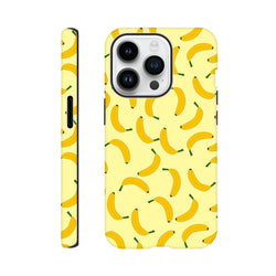 Yellow banana pattern tough iPhone case featuring a fun fruit print and wraparound protection for busy daily carry.