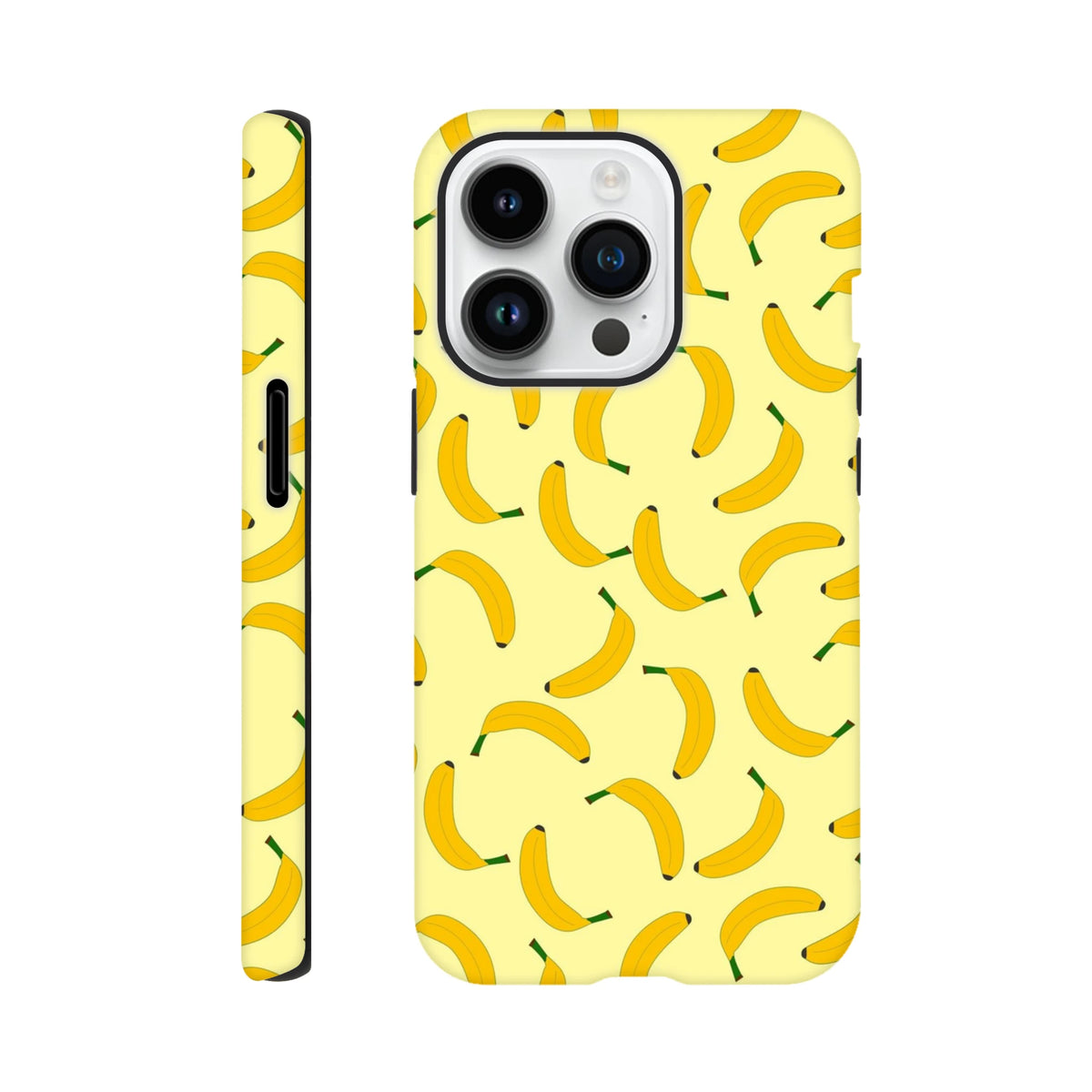 Yellow banana pattern tough iPhone case featuring a fun fruit print and wraparound protection for busy daily carry.