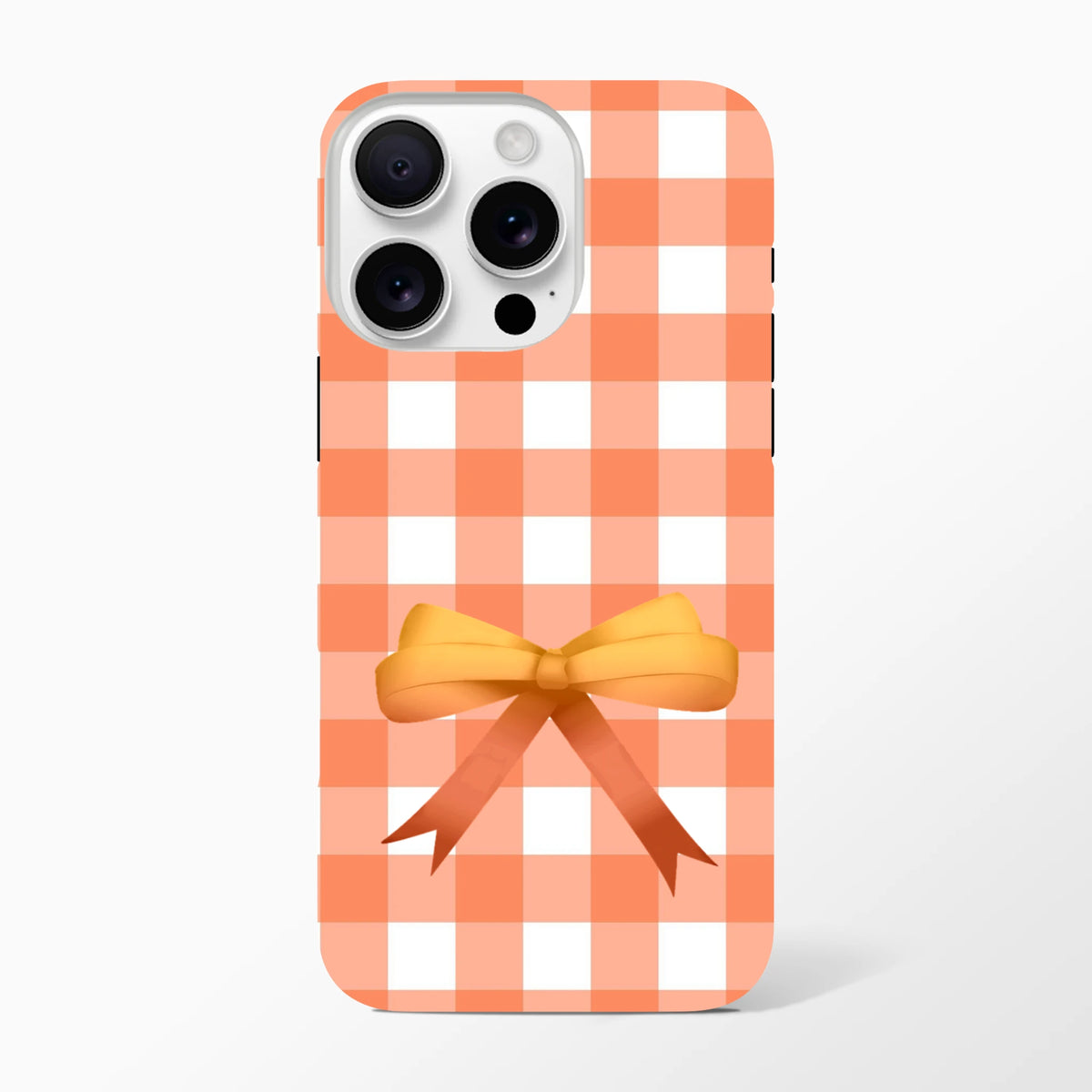 Orange gingham iPhone case with a yellow coquette bow. Tough checkered phone cover for iPhone 13-16, offering impact resistance and cute style.